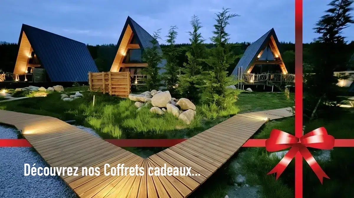 Coffret cadeau spa Gérardmer — chalets A-Frame avec bain nordique privatif Coffret cadeau spa à Gérardmer : chalets A-Frame avec bain nordique et sauna privatifs entourés d’un ruban cadeau